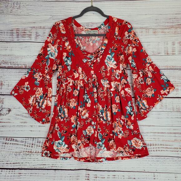 Red Floral Y2K Babydoll Ruffle Tunic Top M Flare Sleeves Boho Hippie Asymmetric - Picture 7 of 12